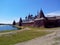 Sunset view of the Solovetsky Spaso-Preobrazhensky Transfiguration Monastery iconic view, Solovki Kremlin . White Sea