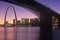 Sunset view of St. Louis, Mo skyline and Eads Bridge