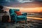 Sunset view with a stylish blue lounge chair in hd, summer season nature image