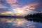 Sunset view of the Victoria Nile river, with trees growing and the reflections on the water, Jinja, Uganda