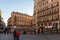 Sunset view of walking people at Callao Square Plaza del Callao in City of Madrid, Spain