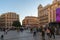 Sunset view of walking people at Callao Square Plaza del Callao in City of Madrid, Spain