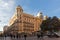 Sunset view of walking people at Callao Square Plaza del Callao in City of Madrid, Spain