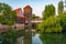 Sunset view of Weinstadel building, water tower, Henkerbrucke br