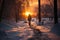 Sunset wanderer Individual traverses snowy path on winter evening