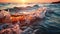 Sunset wave splashing on tranquil seascape background generated by AI