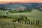 Sunset and winding road with cypresses in Tuscany