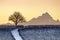 Sunset in winter over the vineyards of Barolo Langhe, Piedmont,