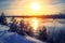 Sunset winter snow nature river horizon landscape. Winter snow forest river sunset view. Sunset winter river snow.