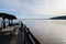 Sunset wooden terrace panorama on lake hourtin in gironde france