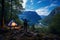 Sunset in the woods, a blue tent illuminated under starlight