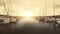 Sunset at yacht port aerial. Sun nature seascape. Ships, sailboats, boats. Marine vacation. Cruise