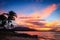 Sunset in yellow and purple shades with a reflection in the sea, Puerto Plata, Dominican Republic, Caribbean