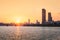Sunsets behind the skyscrapers of yeouido and bridges across the