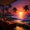 Sunsets embrace, Palm trees against oceans canvas illustrated serenity in twilights hues