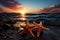 Sunsets embrace, two starfish find repose on sandy beach by tranquil sea