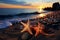 Sunsets embrace, two starfish find repose on sandy beach by tranquil sea