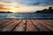 Sunsets warmth Blurry sea sunset complements an empty wooden table