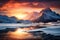 Sunsets warmth embraces the snow draped mountain range in peaceful grandeur
