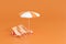 Sunshade, beach chair with orange background, 3d rendering