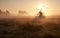 Sunshine behind windmill in morning fog