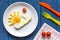 Sunshine fried eggs breakfast for kid on blue background