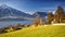 Sunshine near Thun lake in Switzerland Alps in winter