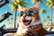 Sunshine Purrfection: Ecstatic Feline Adorned with Reflective Sunglasses, Seated in the Front Passenger Seat of a Convertible