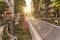 Sunshine Street at the east exit of Ikebukuro in Tokyo.The sidewalk curves emphasized by the blocks embedded with step differing