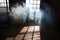 Sunshine window reflection on the wooden floor. Heavy smoke in loft design studio