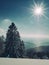 Sunstar with snow landscape in Czech forest in winter