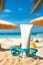 Suntan lotion and sunglasses on the beach. Generative AI,