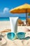 Suntan lotion and sunglasses on the beach. Generative AI,