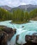 Sunwapta Falls with blue water flowing in Spring, Alberta, Canada