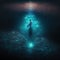 Sup board surfer, amazing glow in the dark ocean, sea, luminous water, view from above. AI generative illustration background