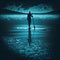 Sup board surfer, amazing glow in the dark ocean, sea, luminous water, view from above. AI generative illustration background