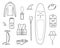 Sup surfing equipment set in doodle style. Vector illustration