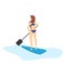 Sup-surfing woman. Sea or ocean activity. Girl standing