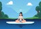 SUP yoga workout with woman does meditation on paddle board, vector illustration.