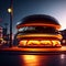 Super big burger glowing at night on street