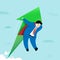 Super businessman flying with arrow. Growth and success concept. Cartoon Illustration