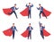 Super businessman poses. Cartoon comic hero brave male character, adult strong man in office suit with red flowing cape