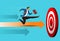 Super businessman running and archery target breaking successful. Business superhero running on arrows to goals, business ideas