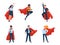 Super businessmen characters. Men and women heroes in different poses, flying, standing business people, fluttering