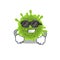 Super cool coronavirus mascot character wearing black glasses