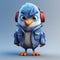 Super Cute 3d Cartoon Blue Bird With Headphones