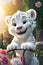 super cute adorkable fluffy white baby tiger is smiling happily, very happy, riding a bicycle with a basket of rugosa roses