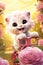 super cute adorkable fluffy white baby tiger is smiling happily, very happy, riding a bicycle with a basket of rugosa roses