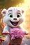 super cute adorkable fluffy white baby tiger is smiling happily, very happy, riding a bicycle with a basket of rugosa roses