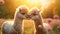 Super cute alpacas couple in love. Happy Valentine\\\'s day concept. AI generated image